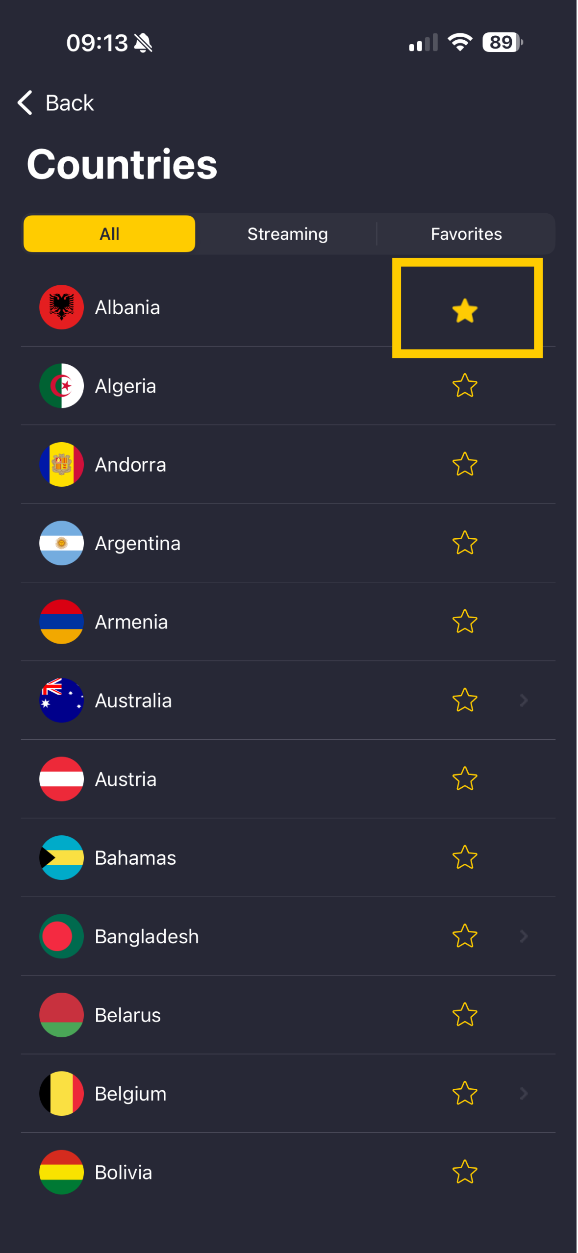 Liste des serveurs CyberGhost VPN avec un serveur ajouté aux favoris.