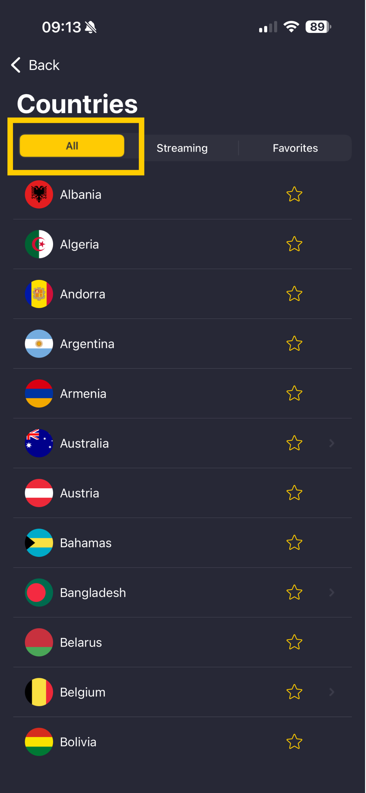 Liste des serveurs CyberGhost VPN avec Tout en évidence.