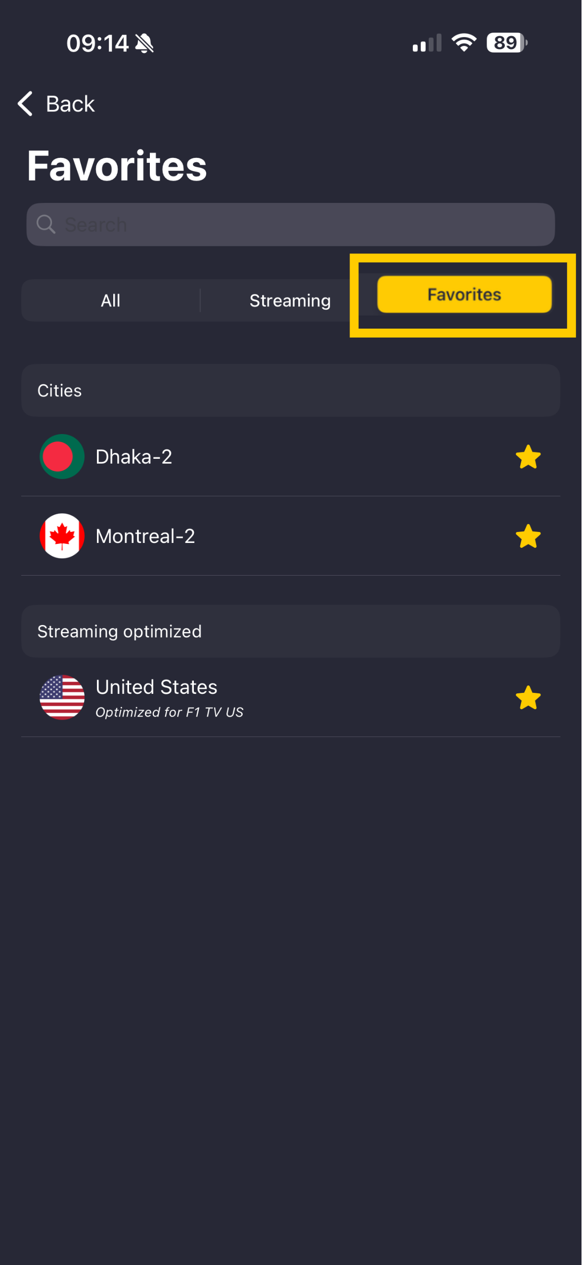 Liste des serveurs CyberGhost VPN avec la liste des serveurs favoris.