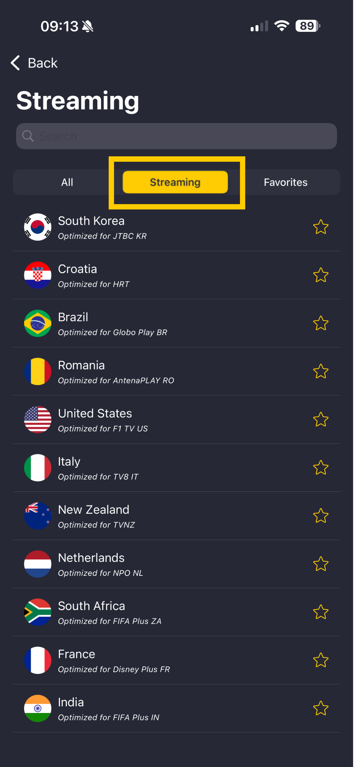 Liste des serveurs CyberGhost VPN avec les serveurs de streaming.