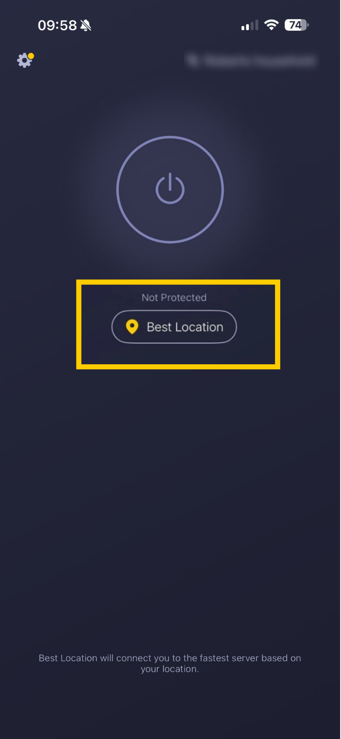 Écran d'accueil de CyberGhost VPN avec Meilleur emplacement mis en évidence.