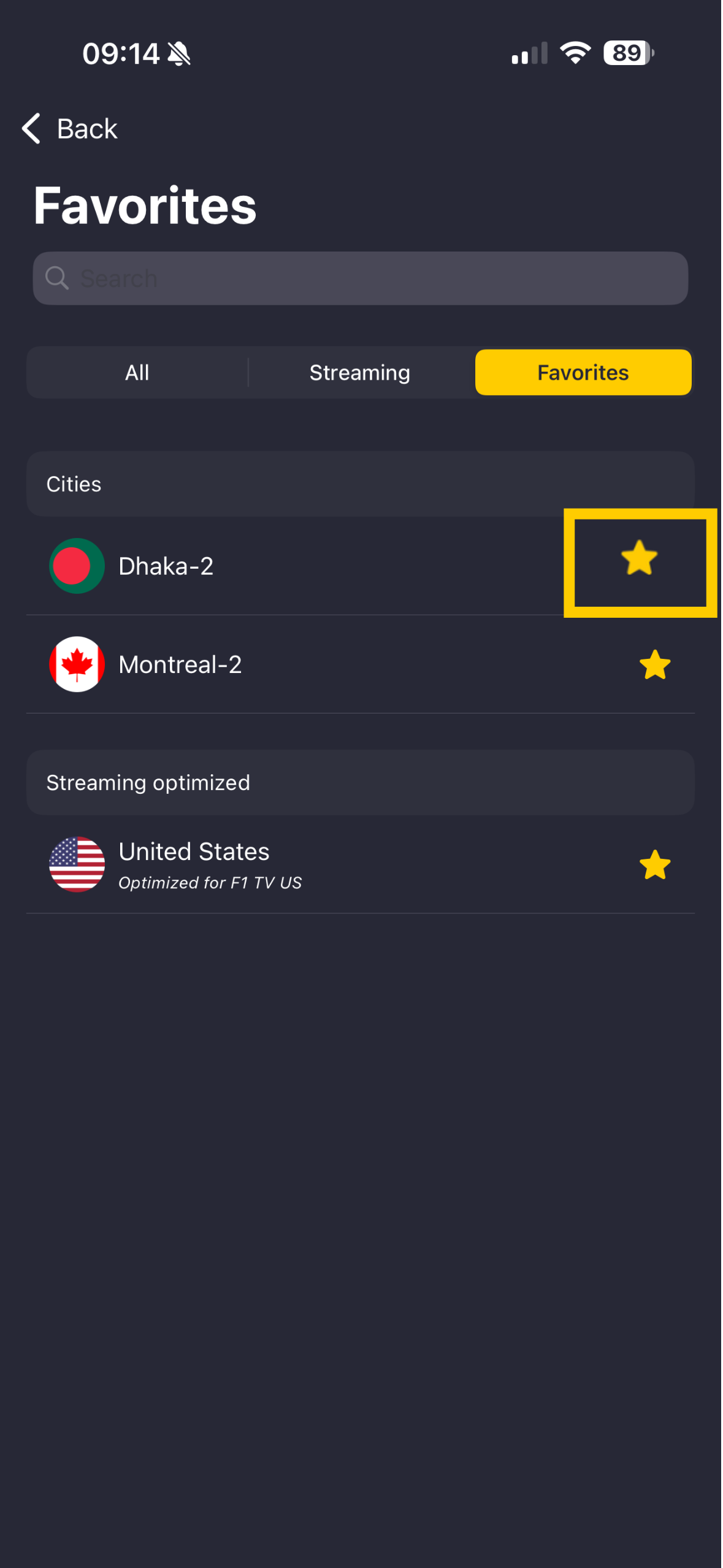 Liste des serveurs CyberGhost VPN avec l'étoile mise en évidence.