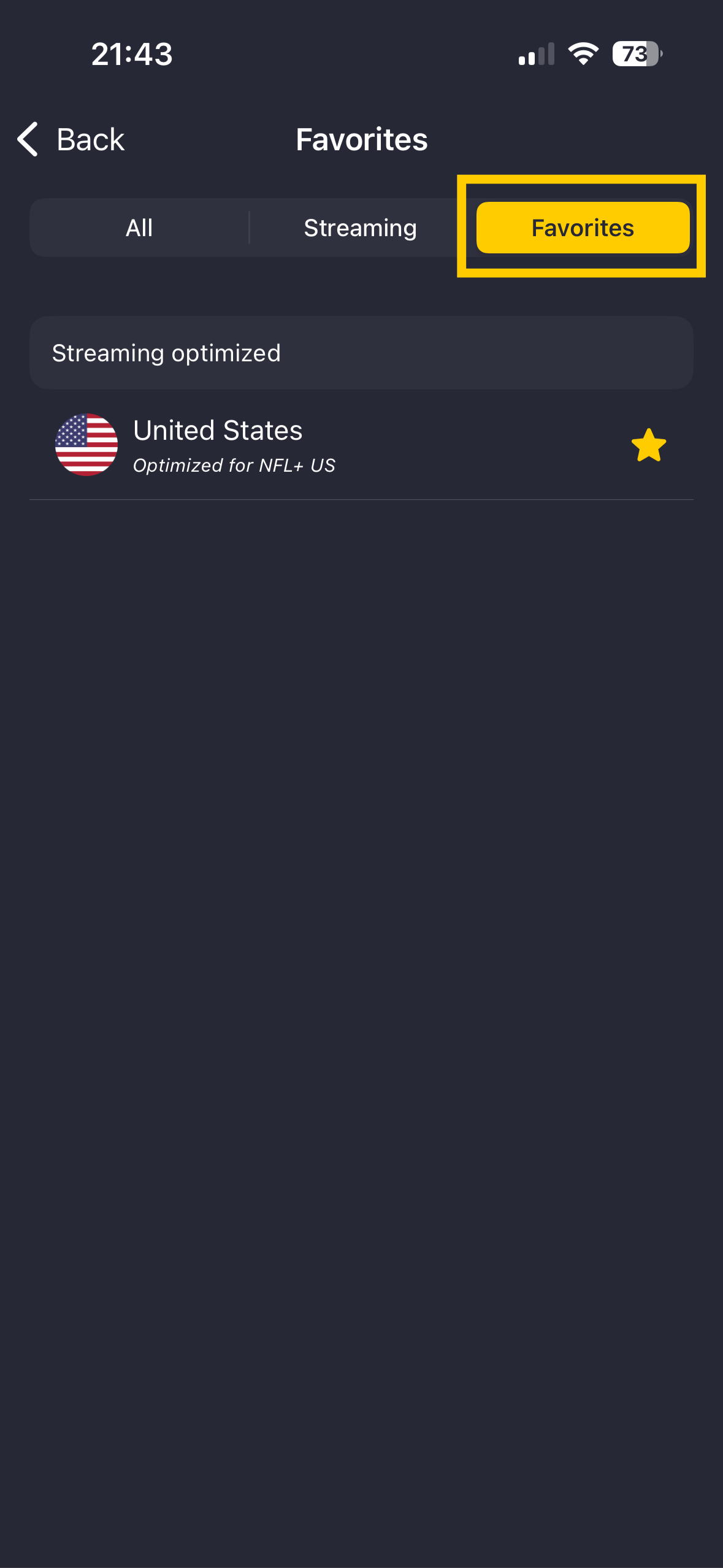 L'onglet Favoris de l'application CyberGhost pour iOS.