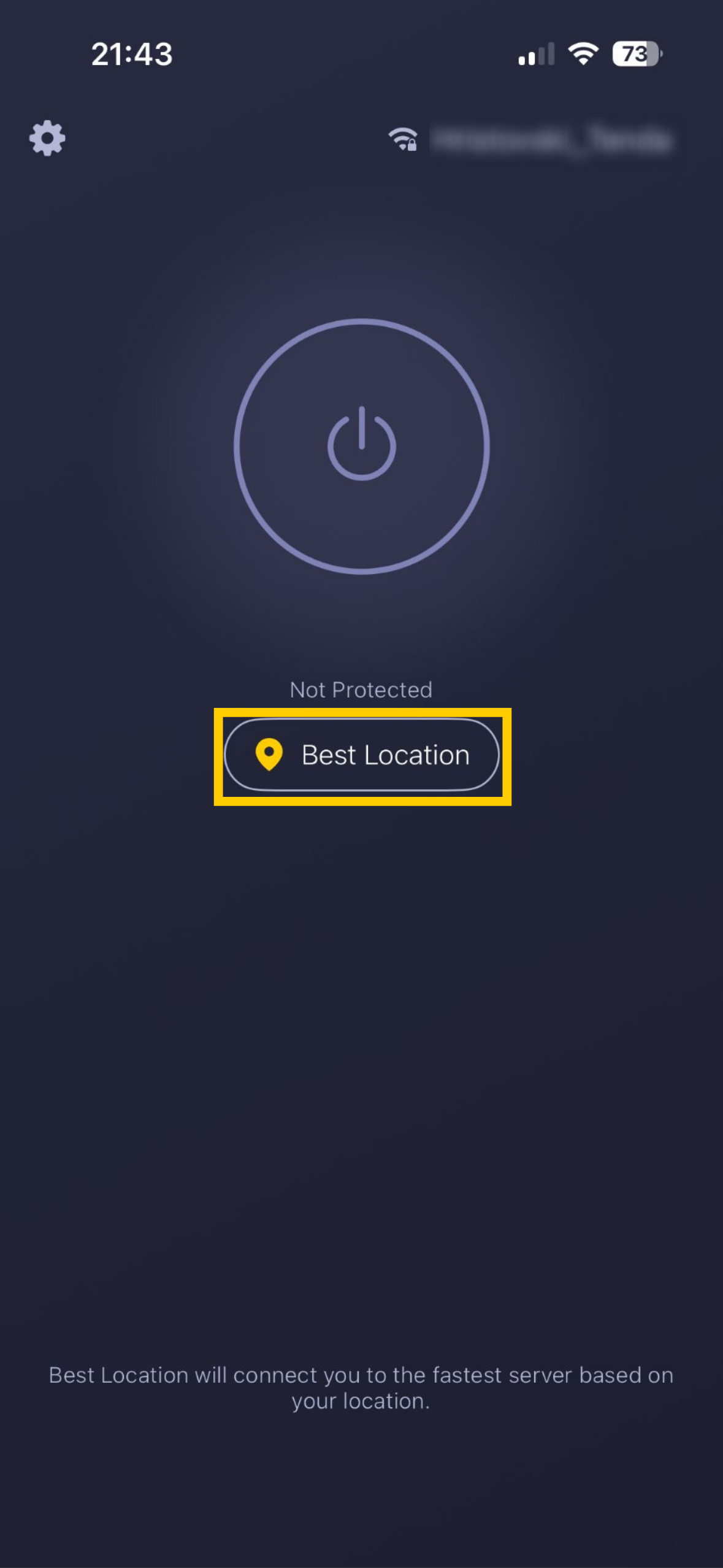 Le bouton Meilleur emplacement sur l'écran d'accueil de l'application CyberGhost VPN pour iOS.