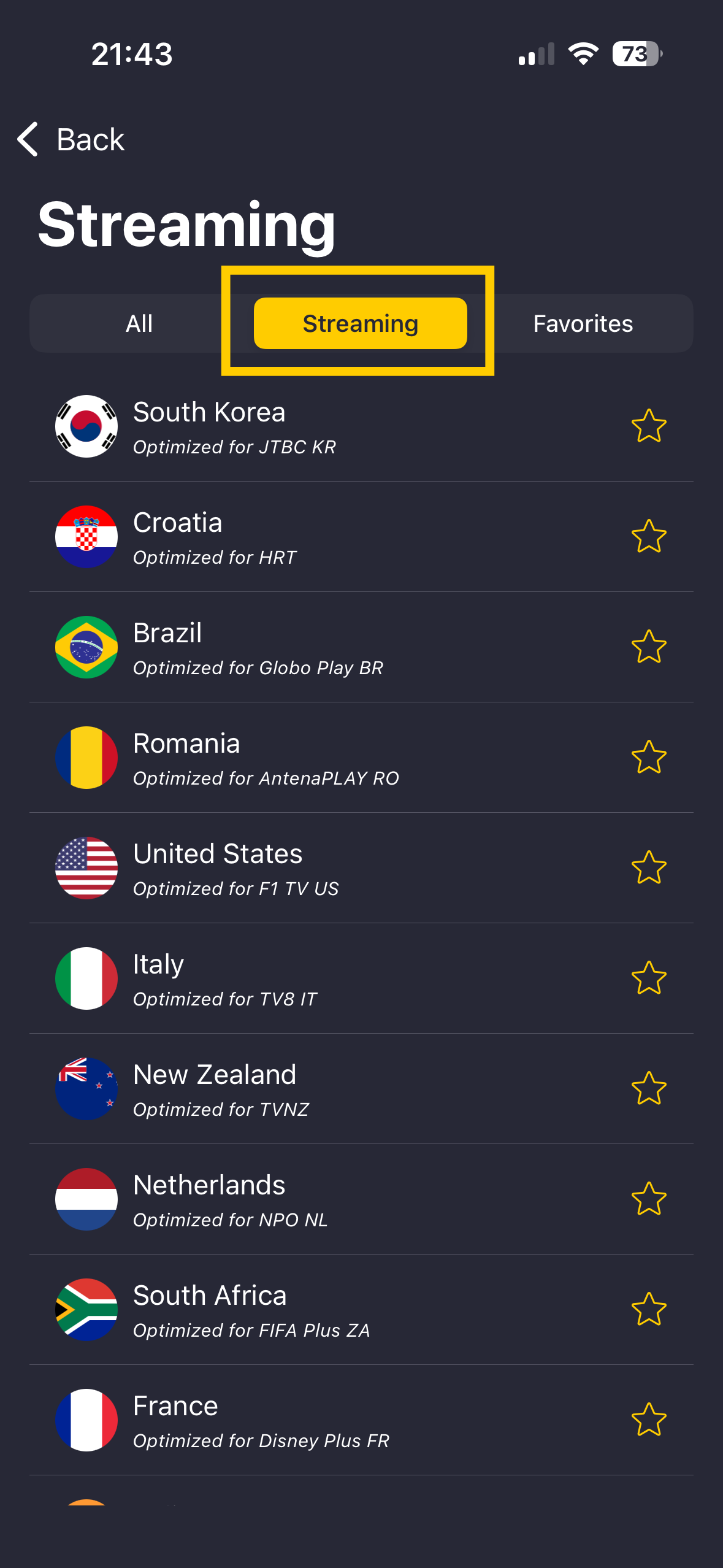 L'onglet Streaming de l'application CyberGhost VPN pour iOS.