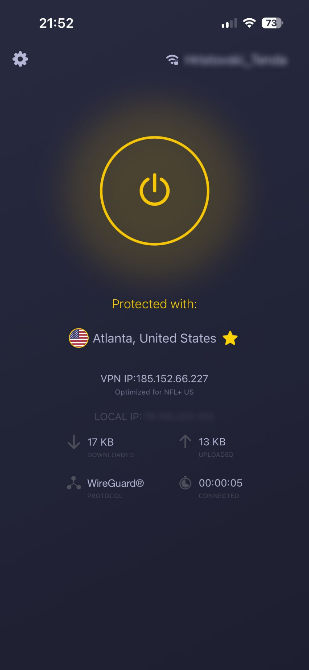 L'écran principal de l'application iOS CyberGhost, affichant une connexion active. 