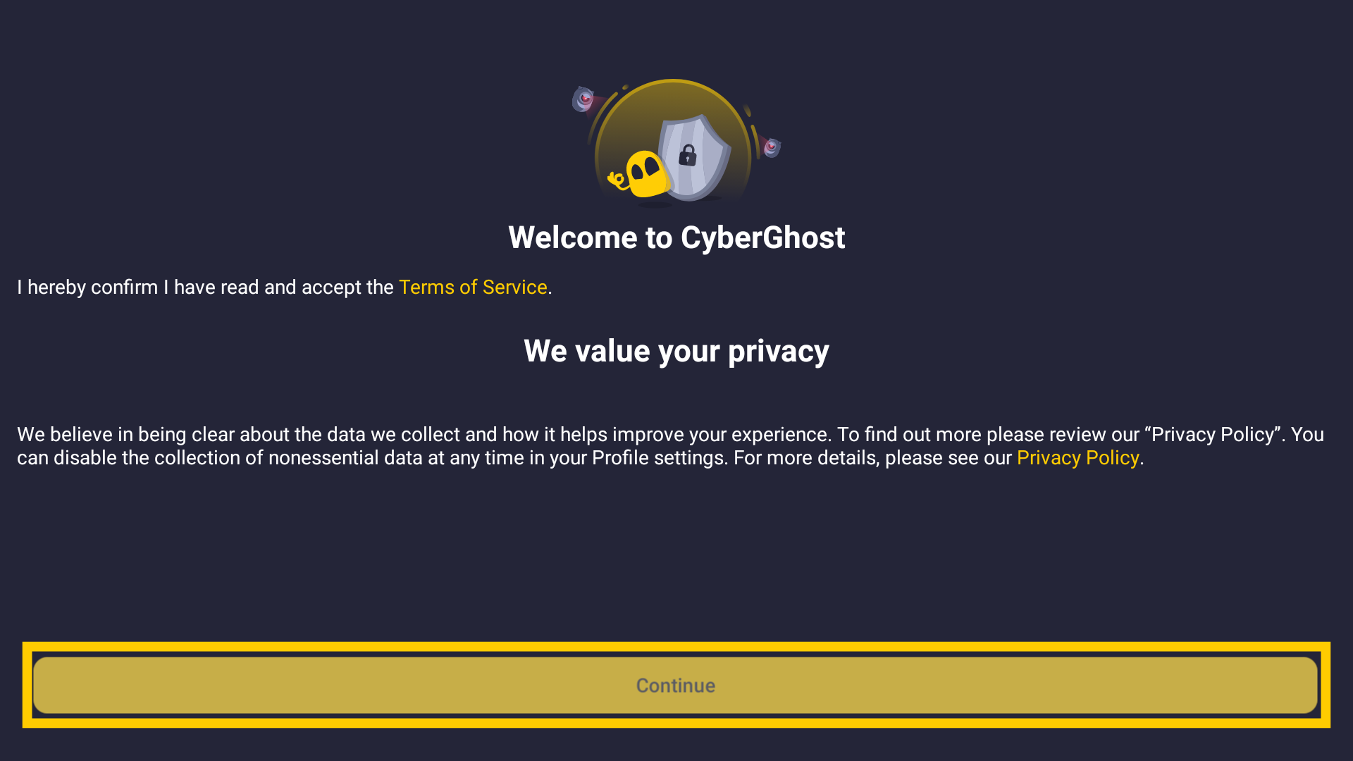 Écran d’accueil de l’application CyberGhost, avec le bouton Continuer mis en évidence en bas.