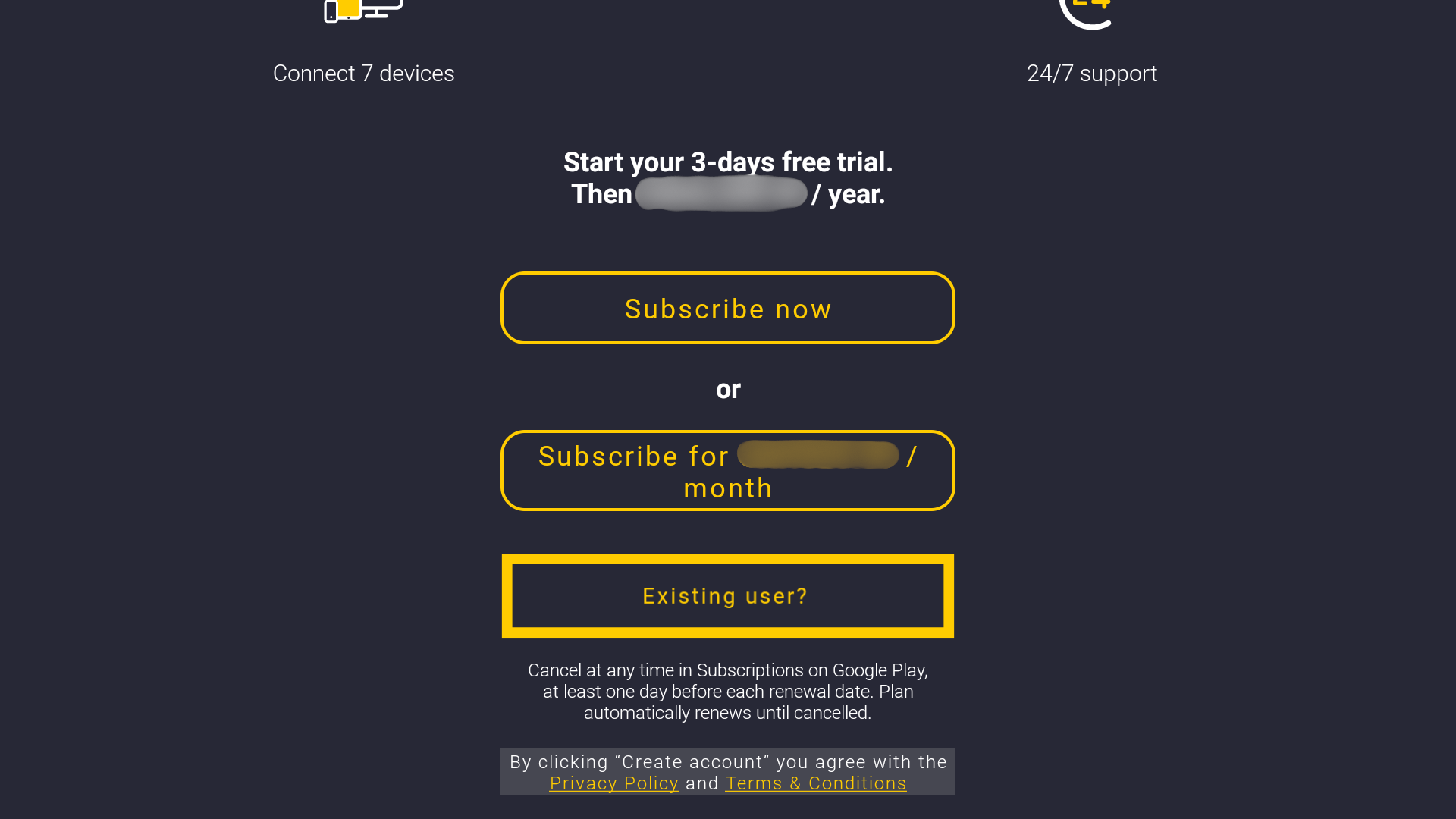 Écran d’abonnement de CyberGhost, affichant les options S’abonner maintenant ou Déjà inscrit ?
