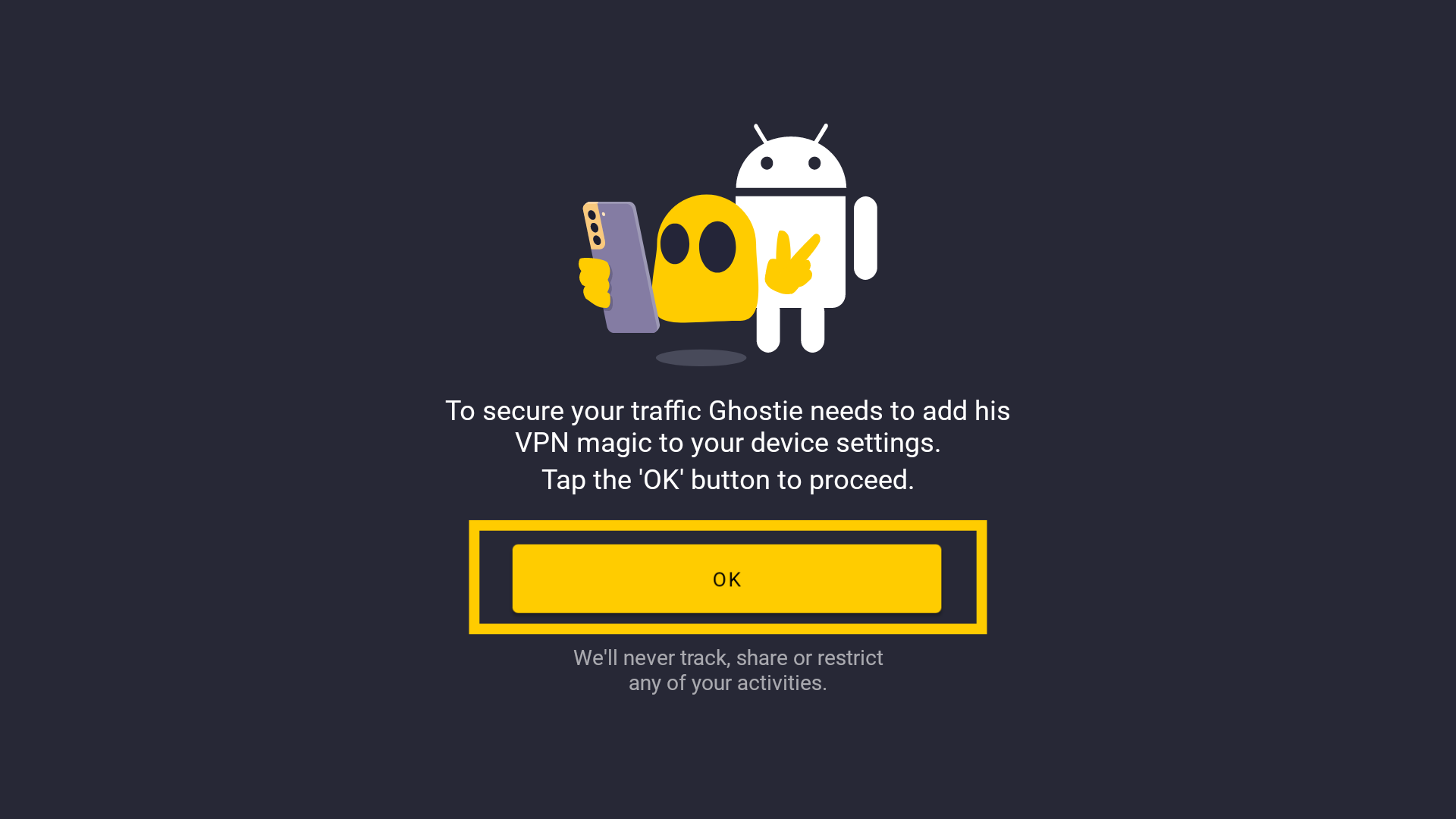 Dans l’application CyberGhost, survolez l’écran de configuration et cliquez sur le bouton OK pour ajouter des configurations VPN.