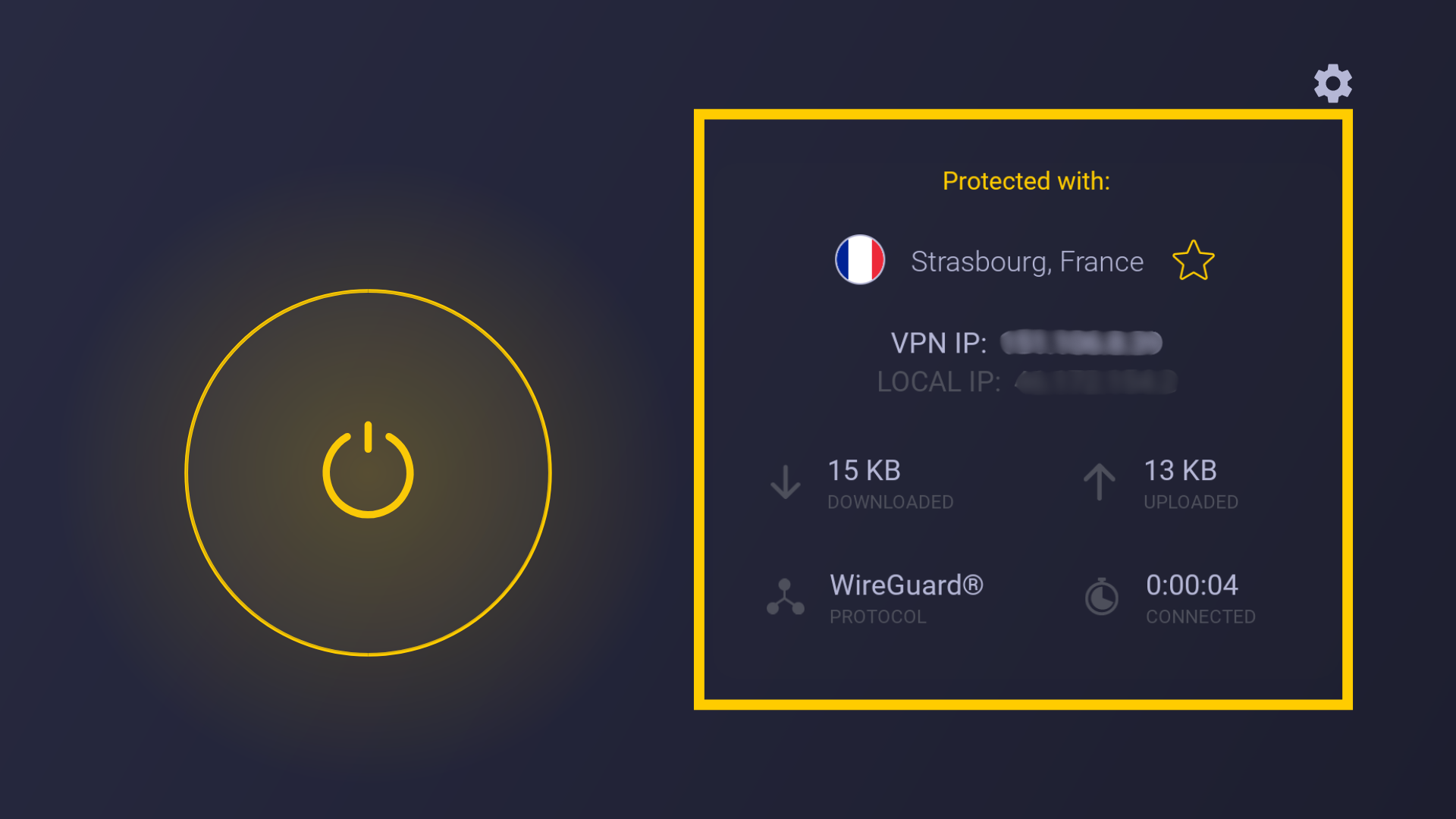 Écran d’état de la connexion à CyberGhost, mettant en évidence la section Protégé par, indiquant l’emplacement du serveur.