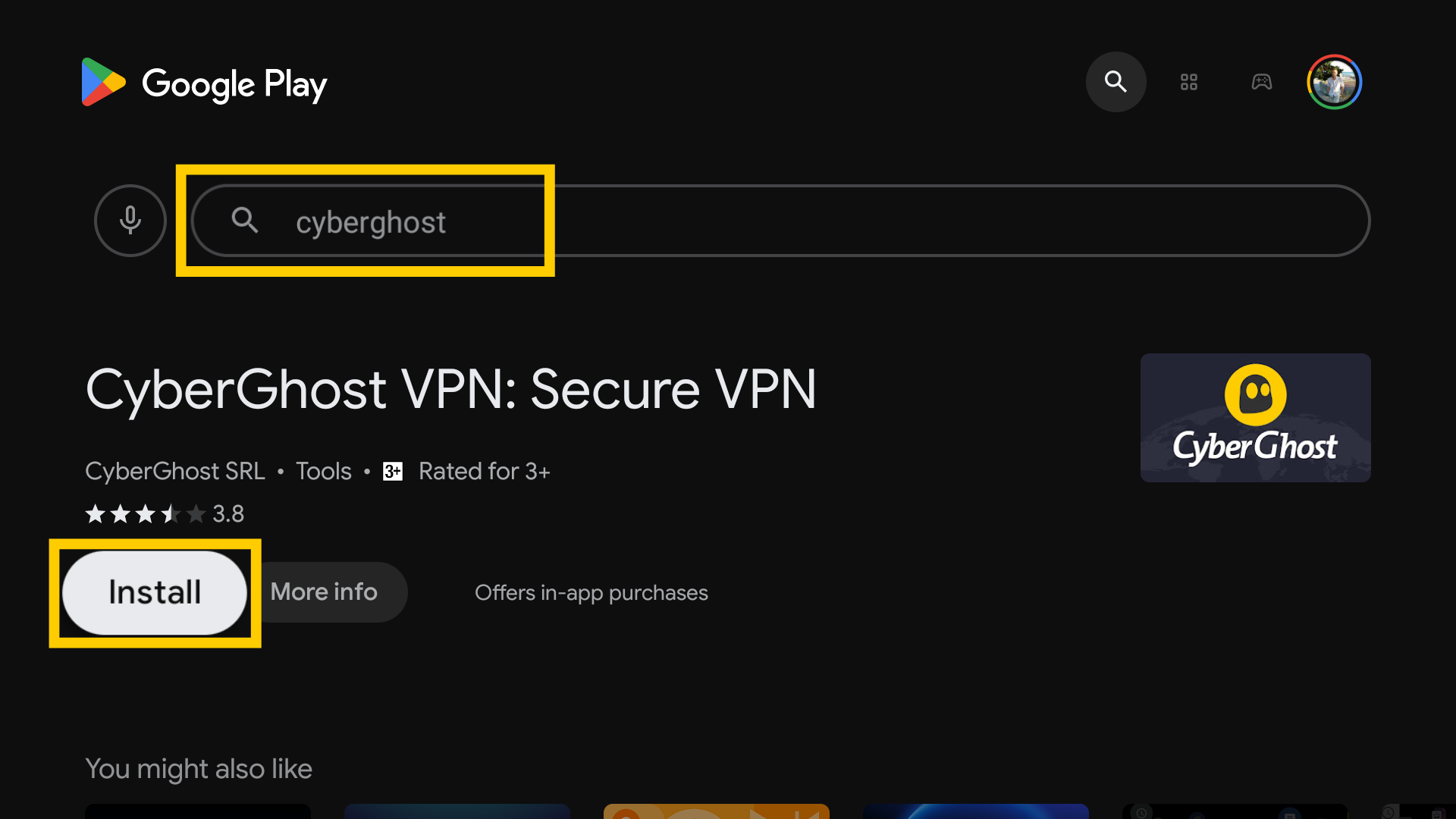La page Google Play Store de CyberGhost VPN, avec la barre de recherche et le bouton d’installation mis en évidence.