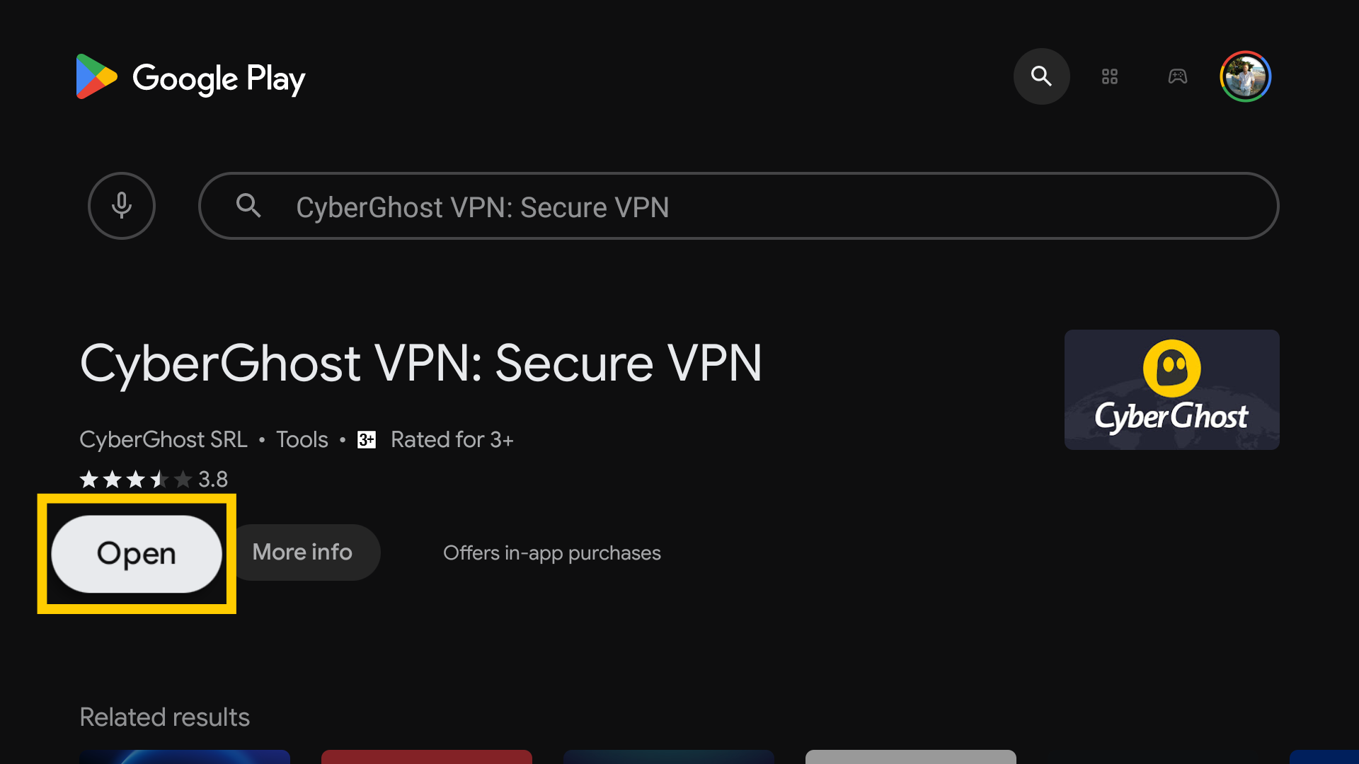 Page Google Play Store de CyberGhost VPN, avec le bouton Ouvrir mis en évidence.