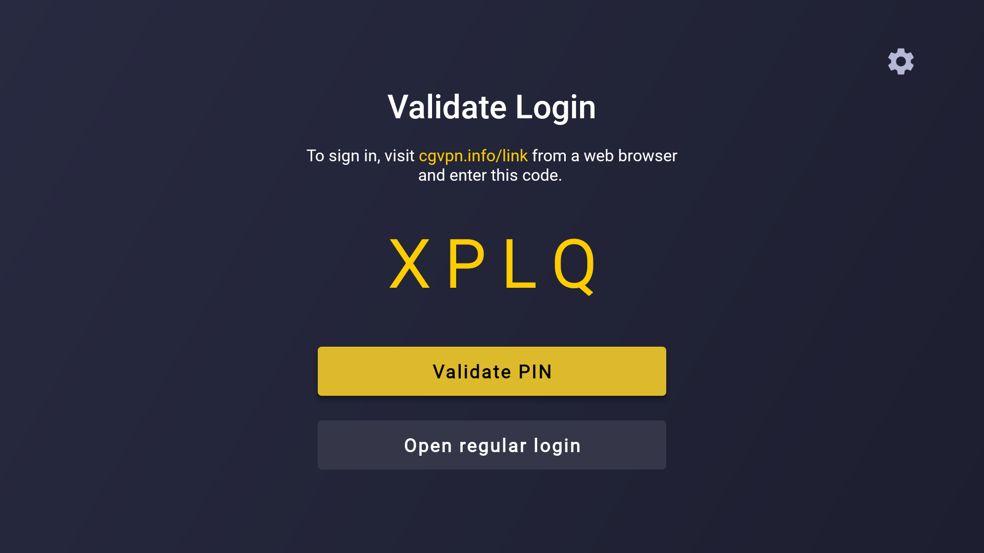 CyberGhost "Validate Login" screen, showing a code, a "Validate PIN" button, and an "Open regular login" button