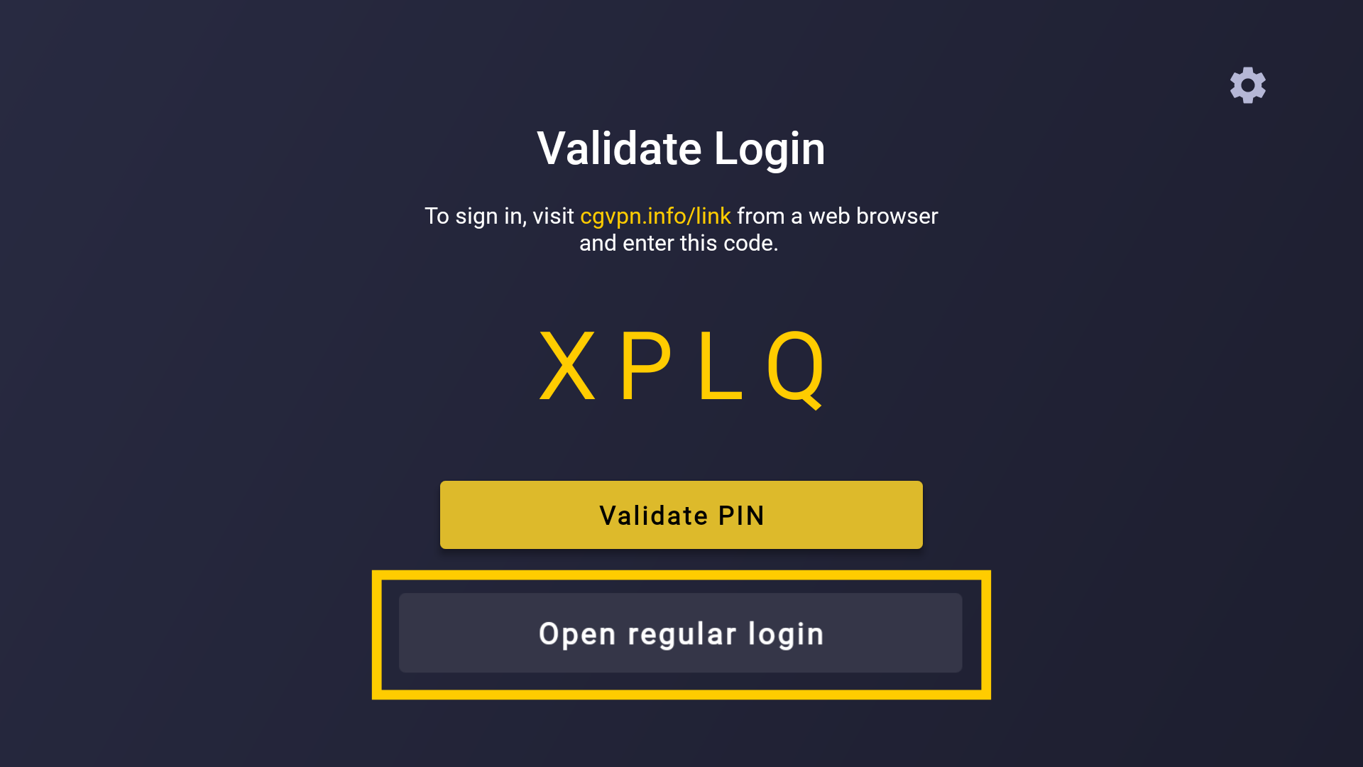  Écran Valider la connexion de CyberGhost, affichant un code, un bouton Valider le code PIN et un bouton Ouvrir la connexion classique. 