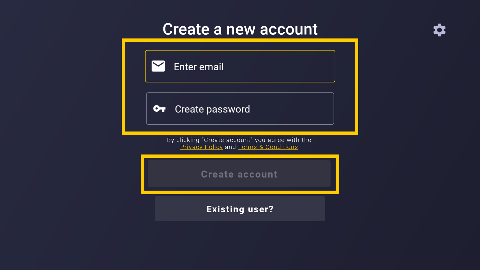 Écran Créer un nouveau compte de CyberGhost, mettant en évidence les champs Saisir l'email et Créer un mot de passe, ainsi que le bouton Créer un compte.