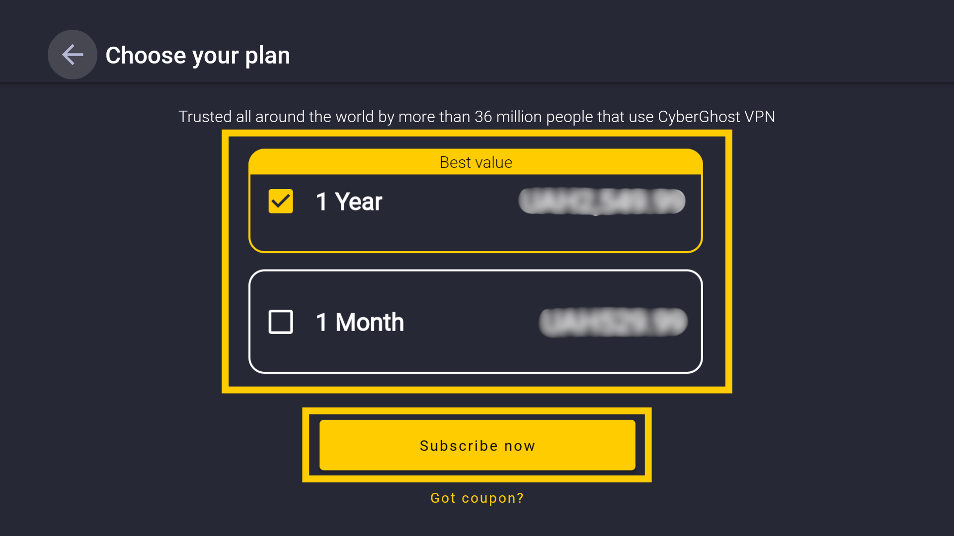 Écran Choisir votre abonnement de CyberGhost, mettant en évidence les options d'abonnement et le bouton S'abonner maintenant.
