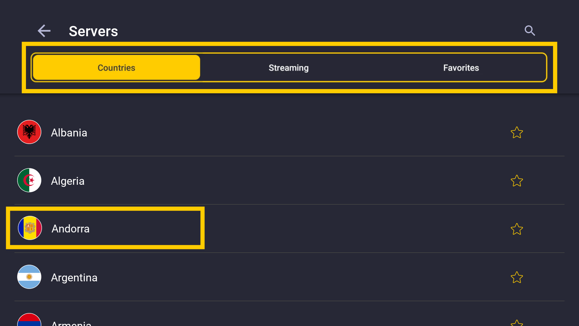 Liste des serveurs de CyberGhost, mettant en évidence les onglets Pays, Streaming et Favoris, ainsi que la sélection du serveur Andorre.