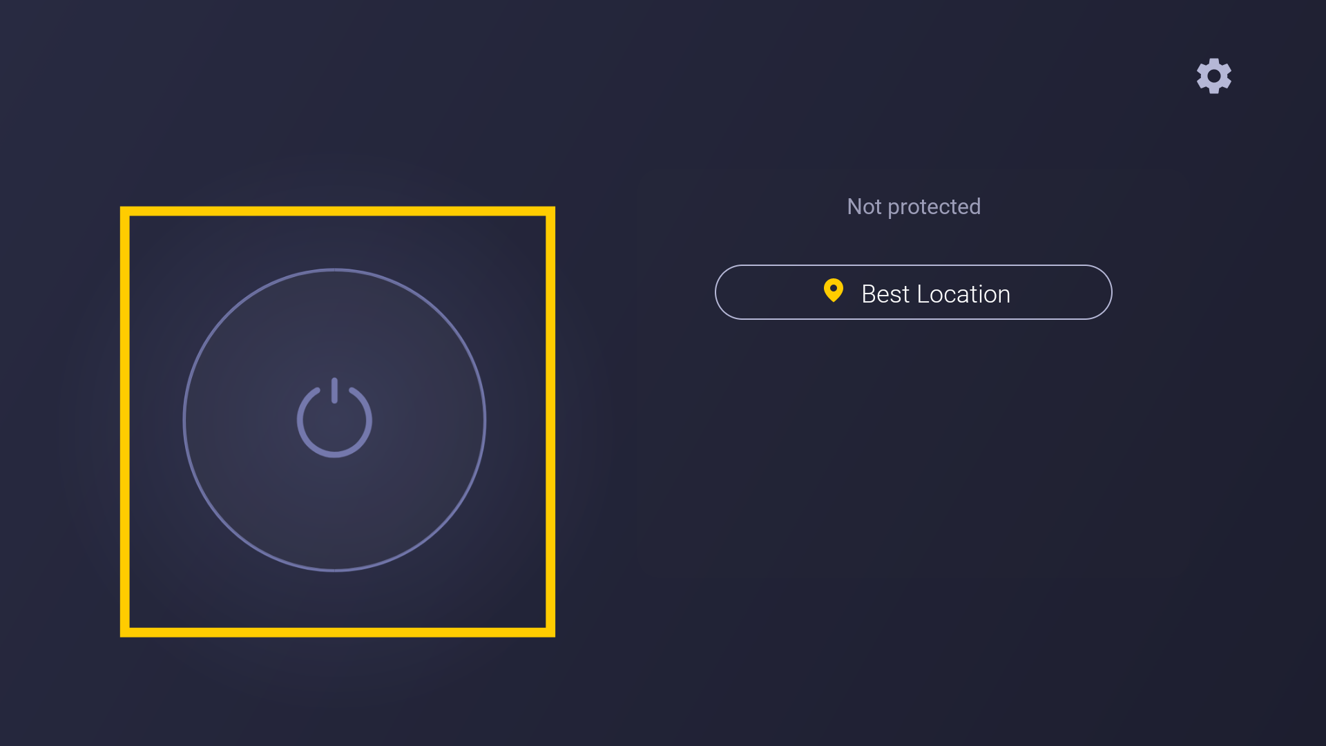 Écran principal de CyberGhost, mettant en évidence le bouton d’allumage utilisé pour se connecter à un serveur VPN.