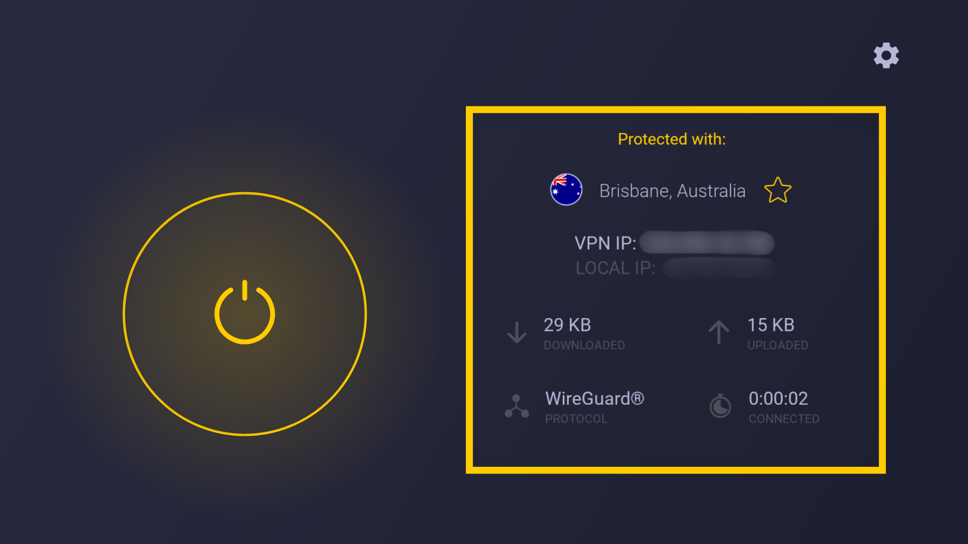 CyberGhost pour Android TV se connecte au serveur de la ville sélectionnée et retourne au tableau de bord principal après la connexion.