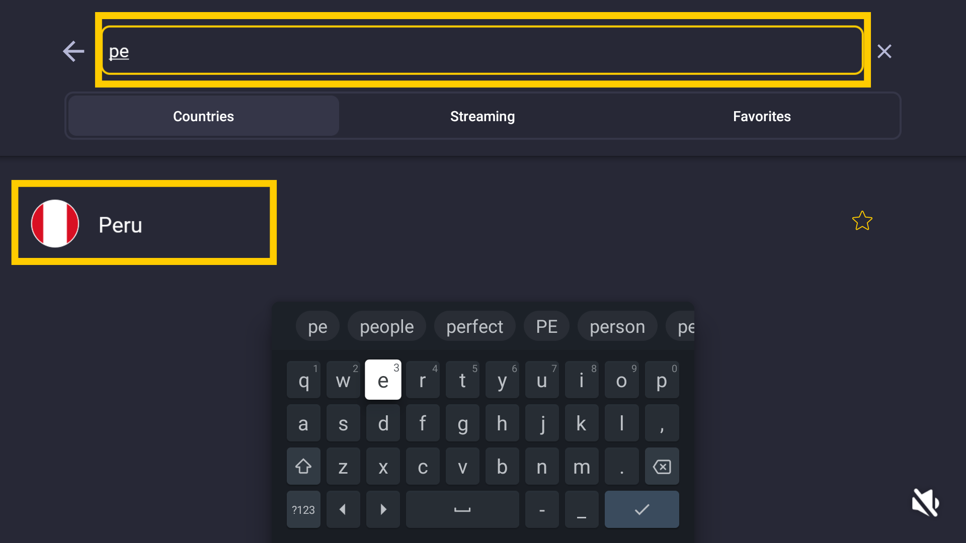 Champ de recherche sur CyberGhost pour Android TV dans lequel l’utilisateur saisit un pays pour trouver un serveur VPN.