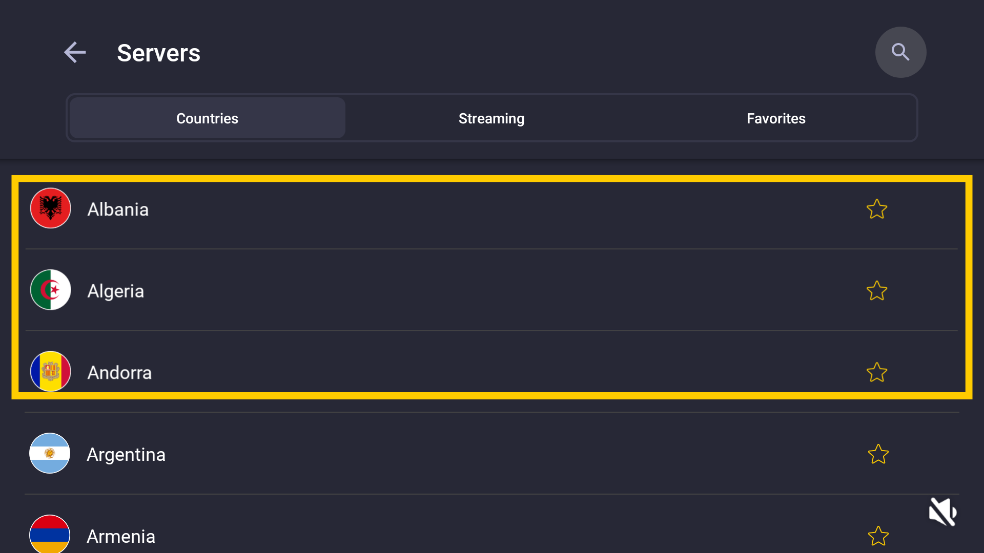 L’application CyberGhost pour Android TV affiche une liste de pays.