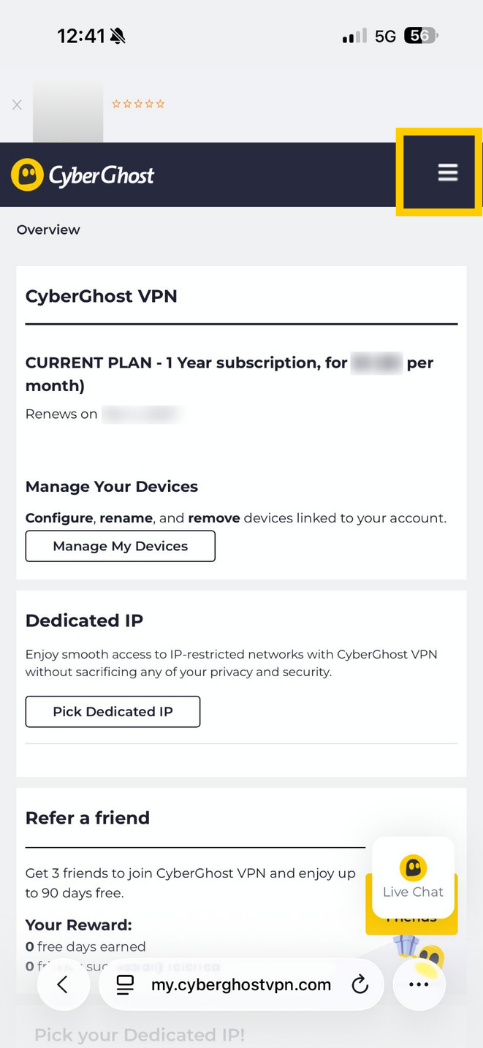 CyberGhost VPN online account on mobile with the burger menu (☰) highlighted