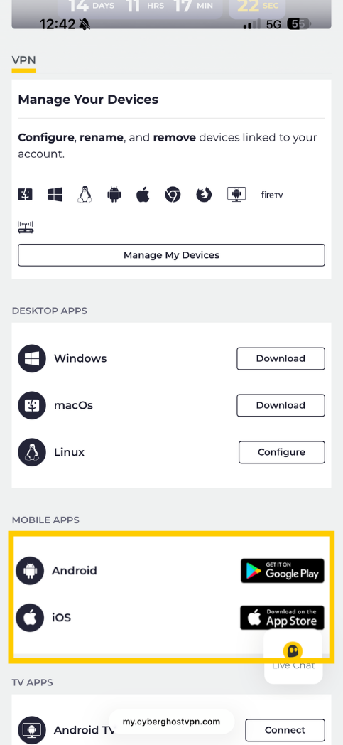 CyberGhost VPN DownloadHub on mobile showing the app store options
