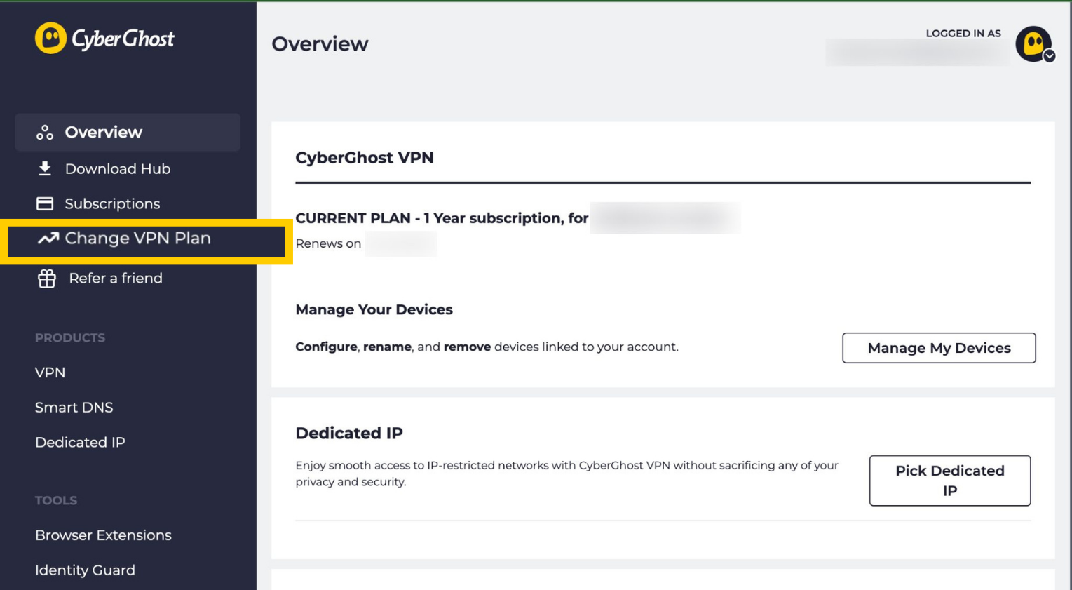 CyberGhost VPN online account on desktop with Change VPN Plan highlighted in the left-hand menu