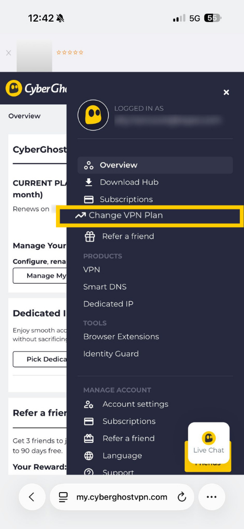 CyberGhost VPN mobile menu with Change VPN Plan highlighted