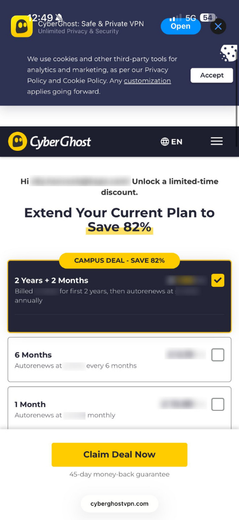 CyberGhost VPN order page on mobile showing the available subscription options