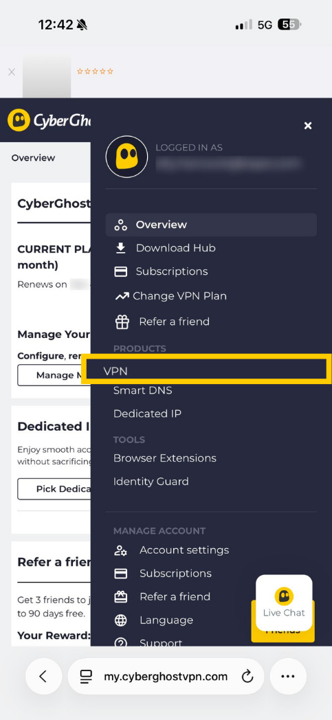 CyberGhost VPN mobile menu with VPN highlighted