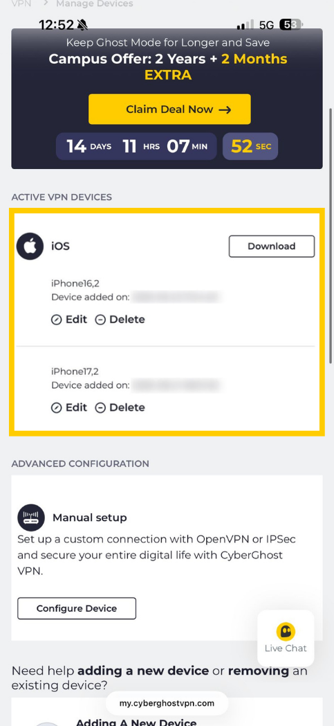 CyberGhost VPN account on mobile showing the devices linked to the account
