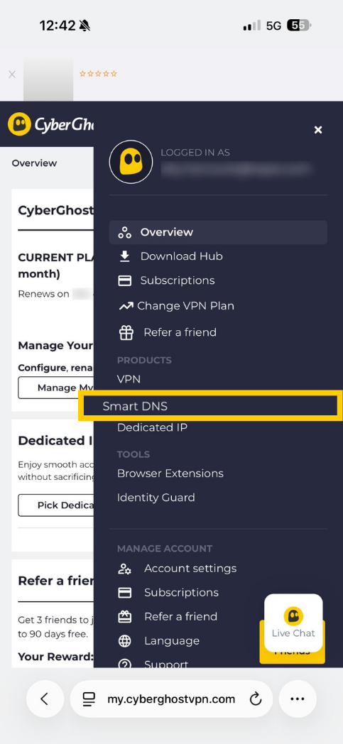 CyberGhost VPN mobile menu with Smart DNS highlighted