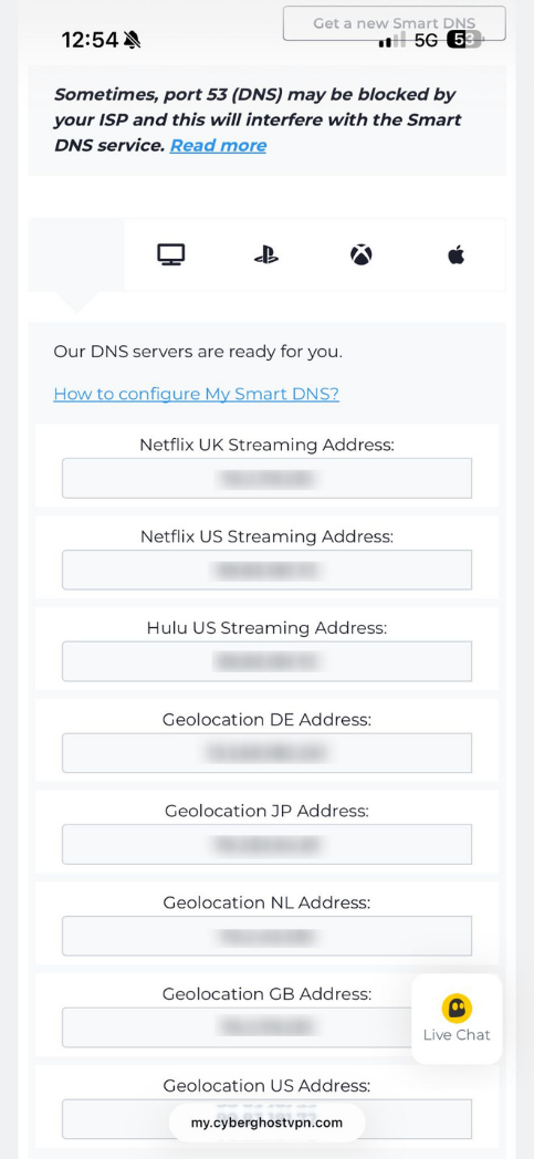 CyberGhost VPN Smart DNS page on mobile showing the option to enable Smart DNS