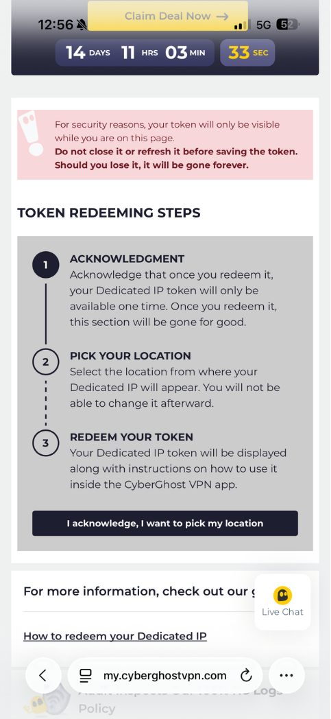 CyberGhost VPN Dedicated IP page on mobile showing the option to redeem a Dedicated IP token