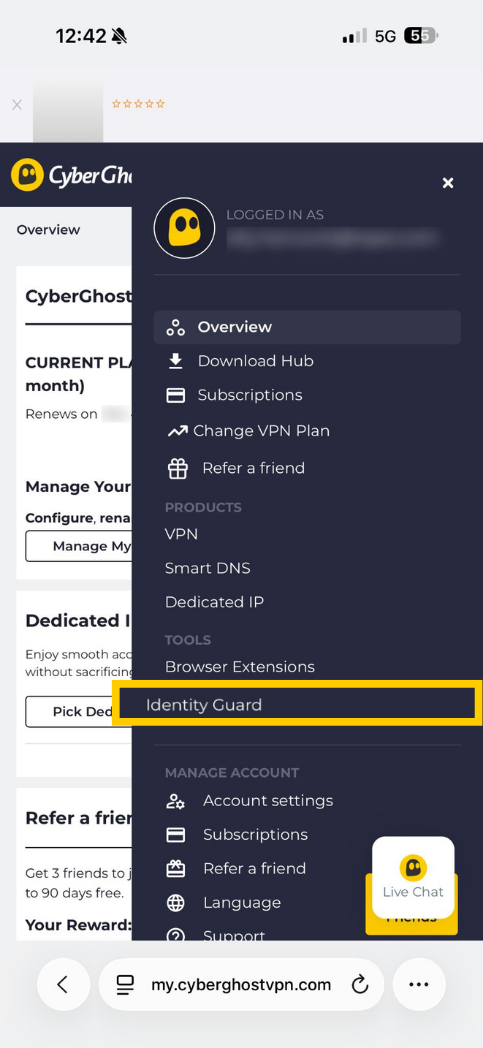 CyberGhost VPN mobile menu with Identity Guard highlighted