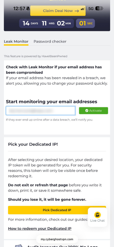 CyberGhost VPN Identity Guard page on mobile showing the Leak checker and Password checker options