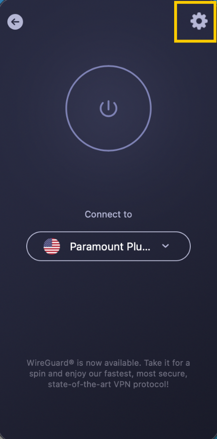 CyberGhost VPN app on macOS showing the Settings icon.
