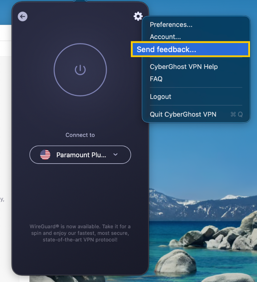 CyberGhost VPN Settings menu on macOS showing the Send Feedback option.