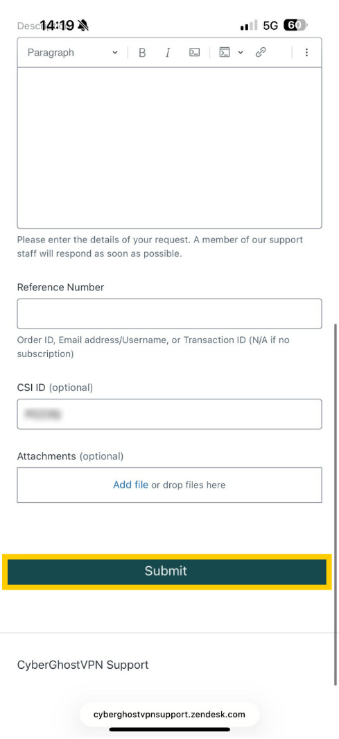 CyberGhost VPN request form showing the fields for submitting issue details.