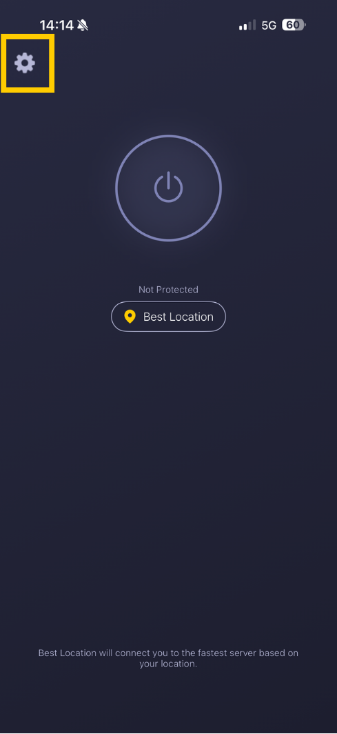 CyberGhost VPN app on iOS showing the Settings icon.