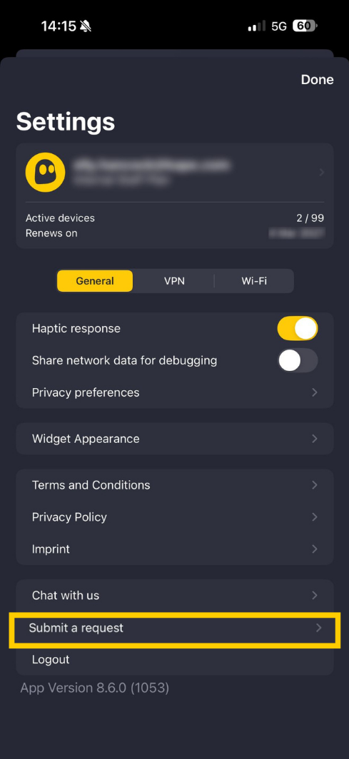 CyberGhost VPN Settings screen on iOS showing the Submit a request option.