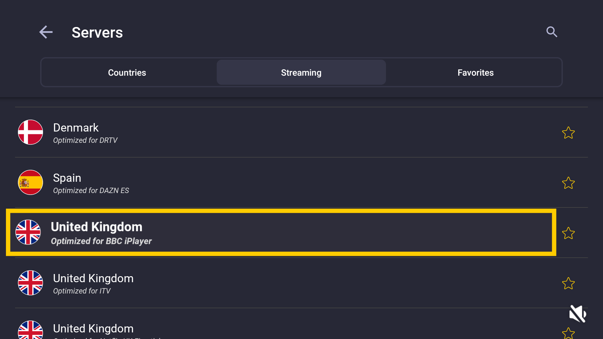 Liste des serveurs CyberGhost affichant divers emplacements optimisés pour le streaming.