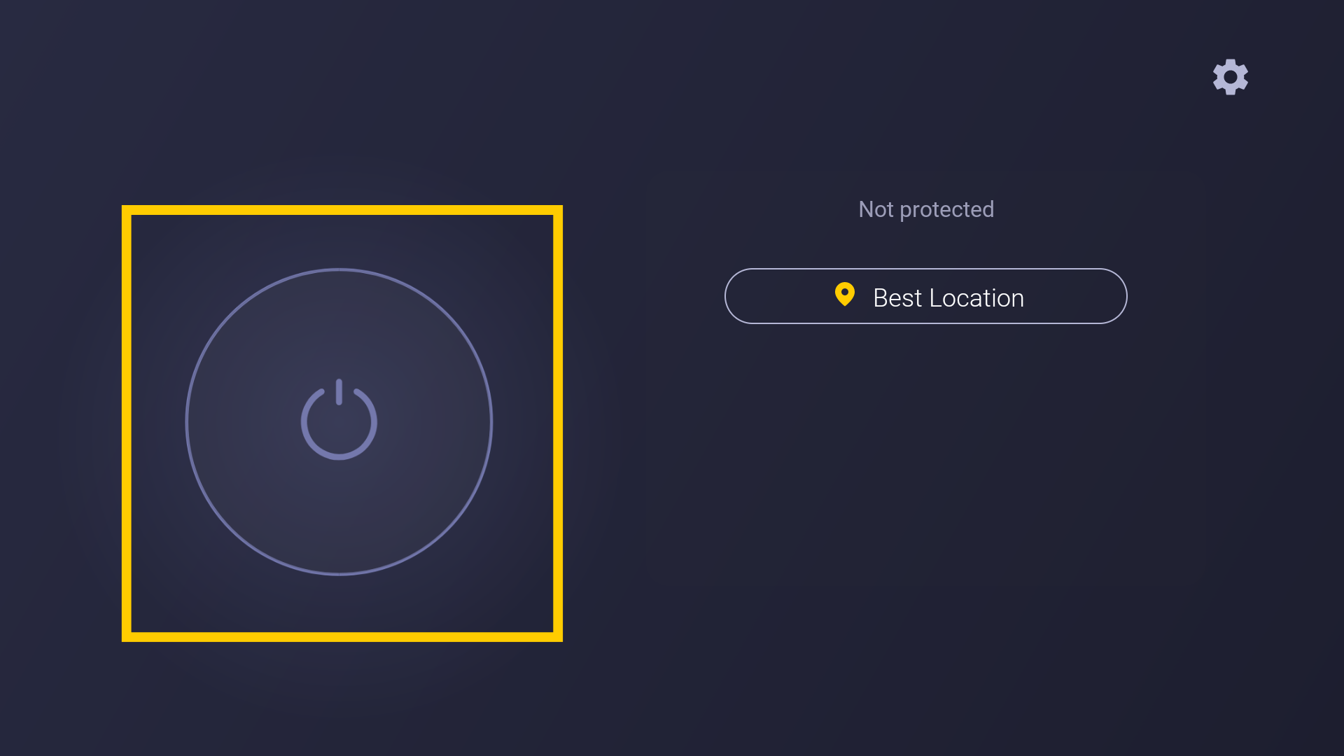 Écran principal de CyberGhost sur Android TV, avec un encadré jaune mettant en évidence le bouton d'allumage. 