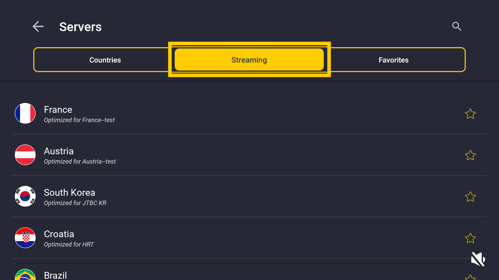 L'onglet Streaming dans la liste des serveurs CyberGhost.