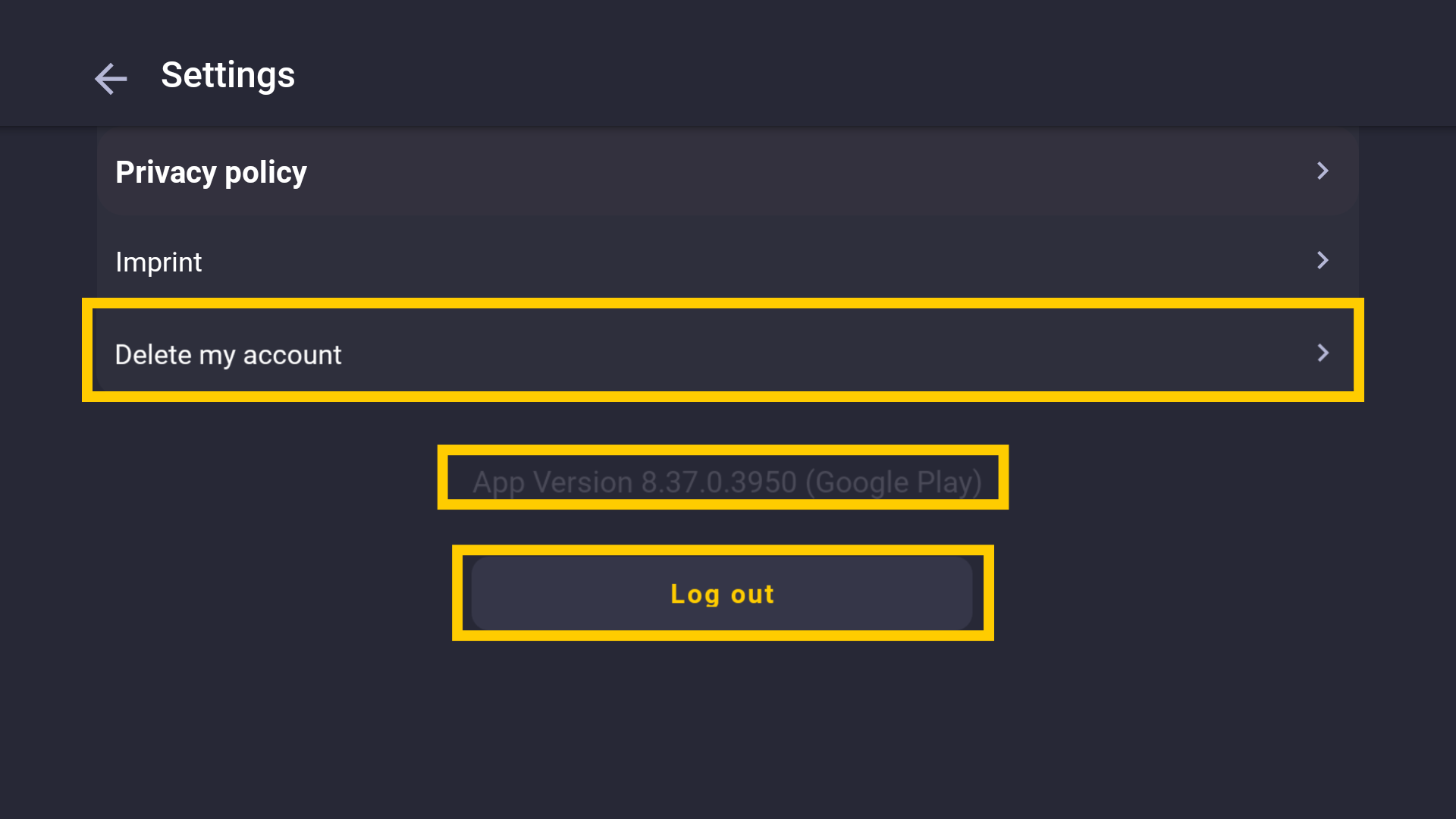  La partie inférieure du menu des paramètres, avec un encadré jaune mettant en évidence l'option Supprimer mon compte, la version de l'application et le bouton Déconnexion.
