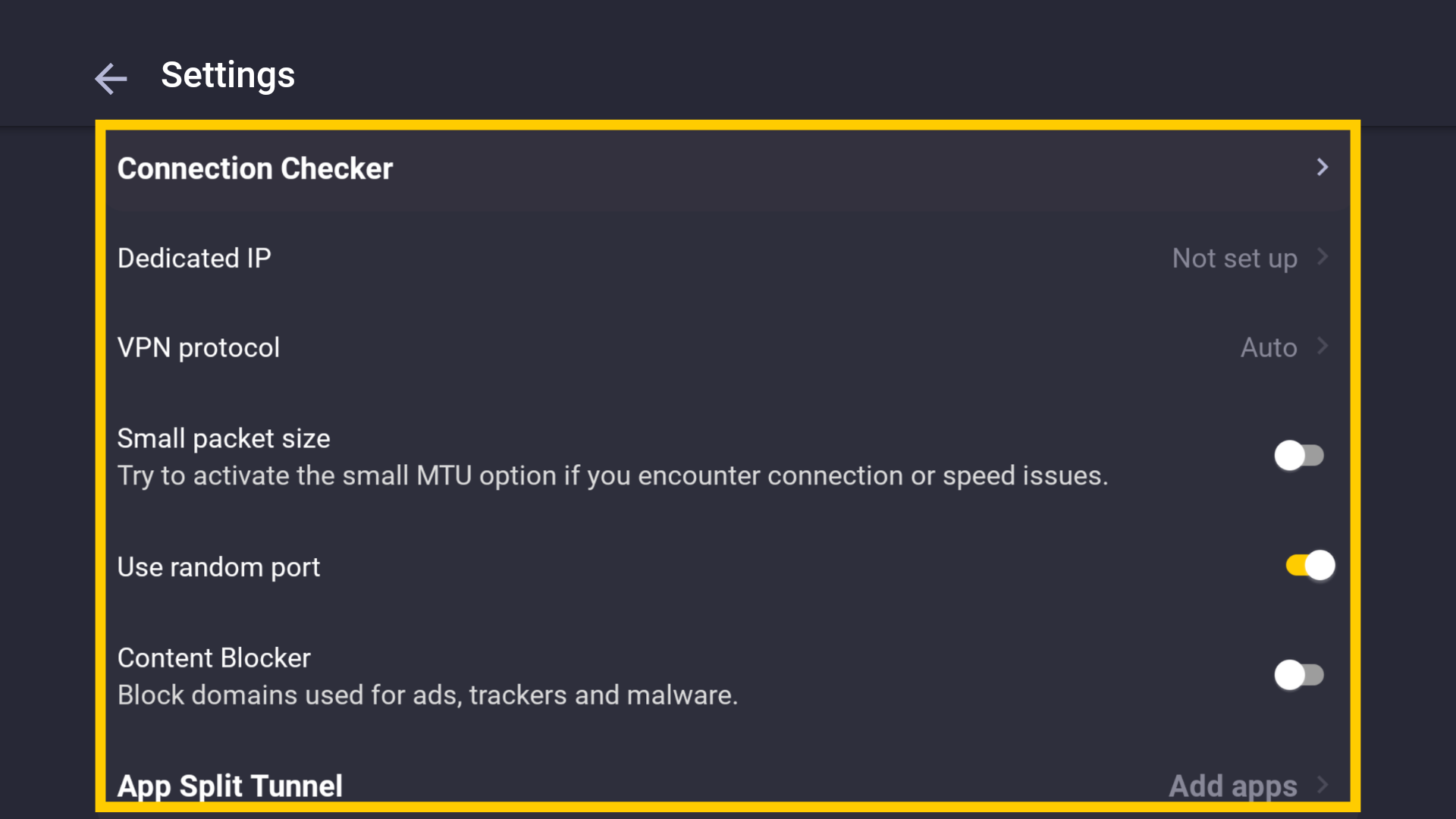 Le menu des paramètres VPN, avec un encadré jaune mettant en évidence diverses options.