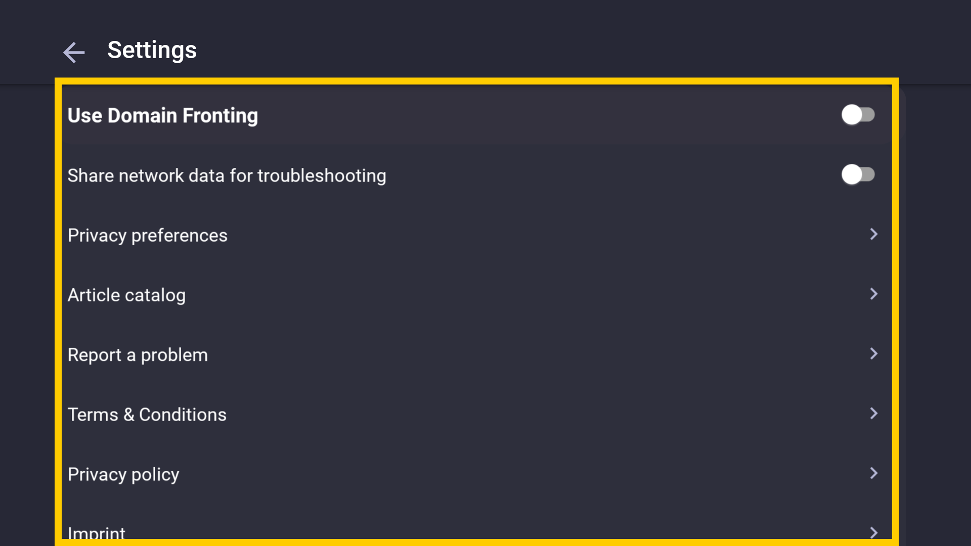 La section des paramètres Général de CyberGhost, avec un encadré jaune mettant en évidence diverses options.