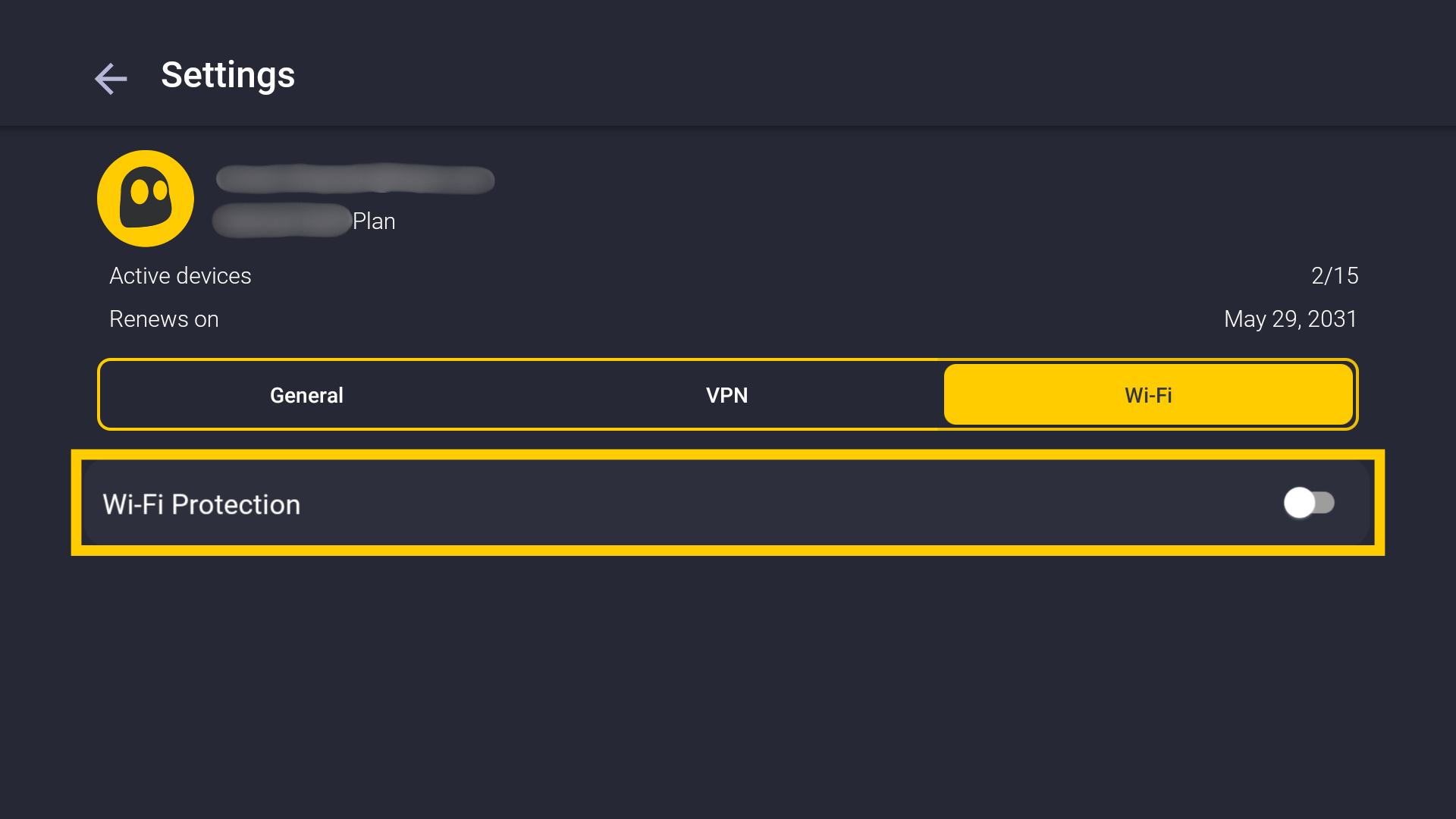 L'onglet des paramètres Wi-Fi de CyberGhost, avec un encadré jaune mettant en évidence le commutateur Protection Wi-Fi.