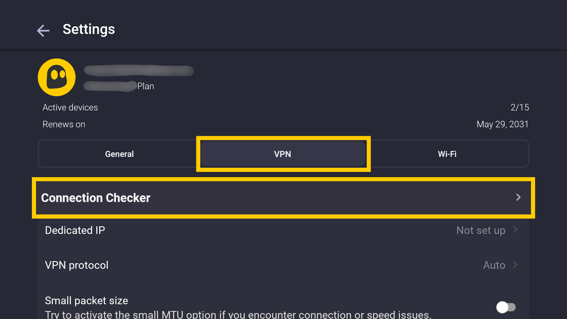 Le menu des paramètres VPN de CyberGhost, avec un encadré jaune mettant en évidence l'option Connection Checker.